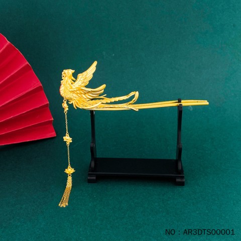 999.9 3D硬金好事蓮蓮蓮花金絲流蘇鳳凰於飛發簪鳳簪婚嫁頭飾金步搖鳳釵