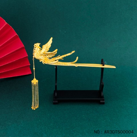999.9 3D硬金鳳凰于飛四葉草水滴形流蘇發簪鳳簪婚嫁頭飾金步搖鳳釵