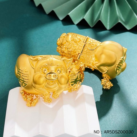 999.9 5D黃金立體豬豬雙喜婚嫁手鐲/對