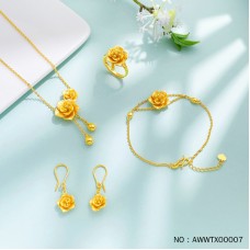 999.9 實心邂逅愛情浪漫水滴調節項鍊玫瑰花語結婚首飾一套裝婚禮四金首飾（一套4件）