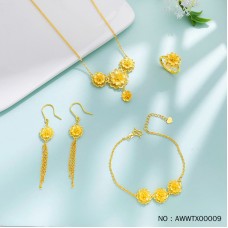 999.9 鏤空花絲花期如夢三生花項鍊錦上添花幸福花結婚首飾一套裝婚禮四金首飾（一套4件）