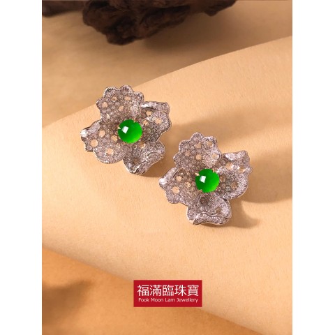 18K白色黃金鑲天然A旦玉耳環